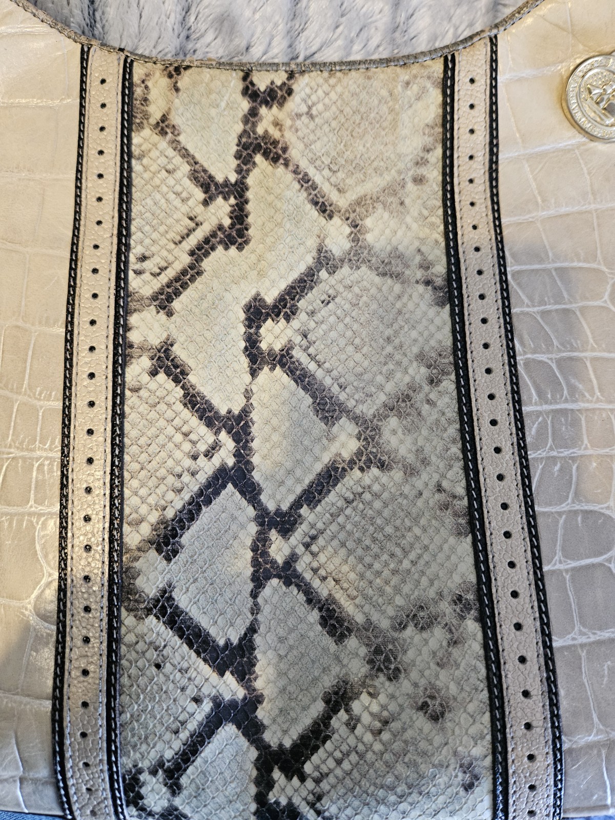 Brahmin Tabitha shoulder bag cream leather W/ central snakeskin-embossed panel