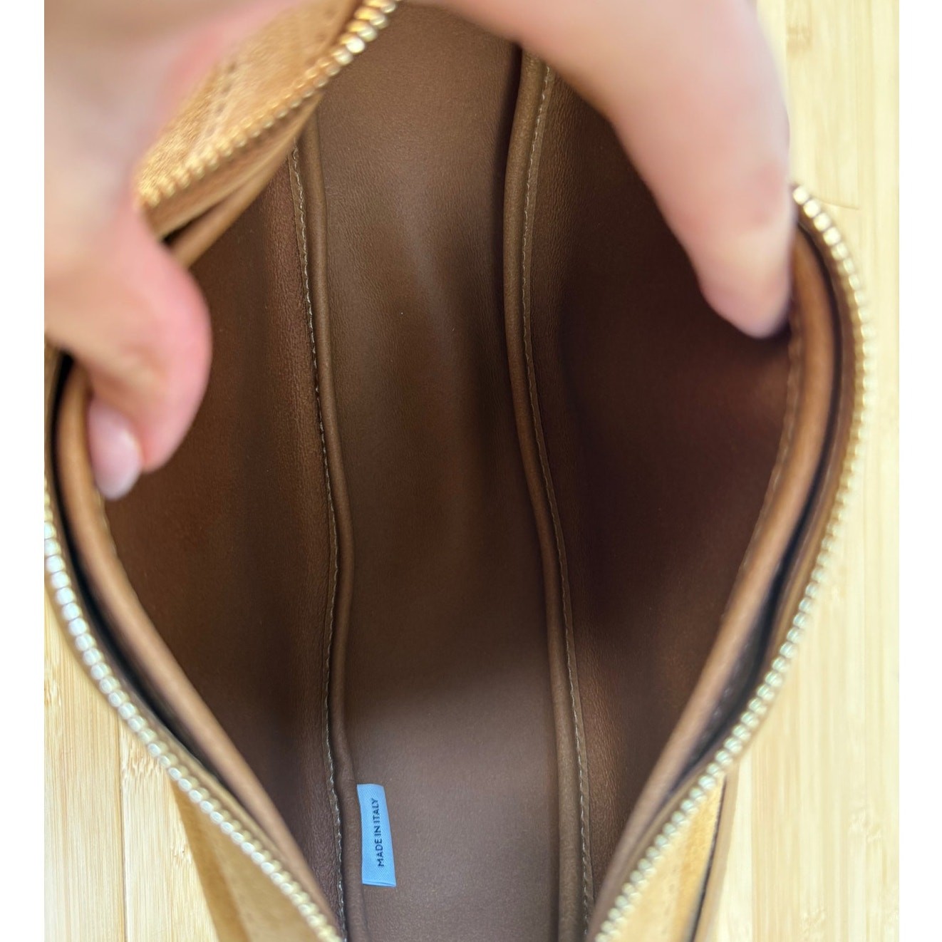 NWT Mansur Gavriel Moon Crossbody Sling Bag Caramel Suede Leather Crescent
