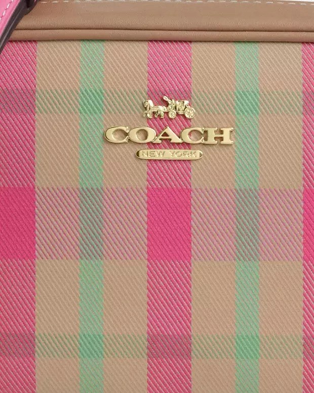 NWT COACH Mini Jamie Camera Bag With Plaid Print CBM37 Gold/Pink