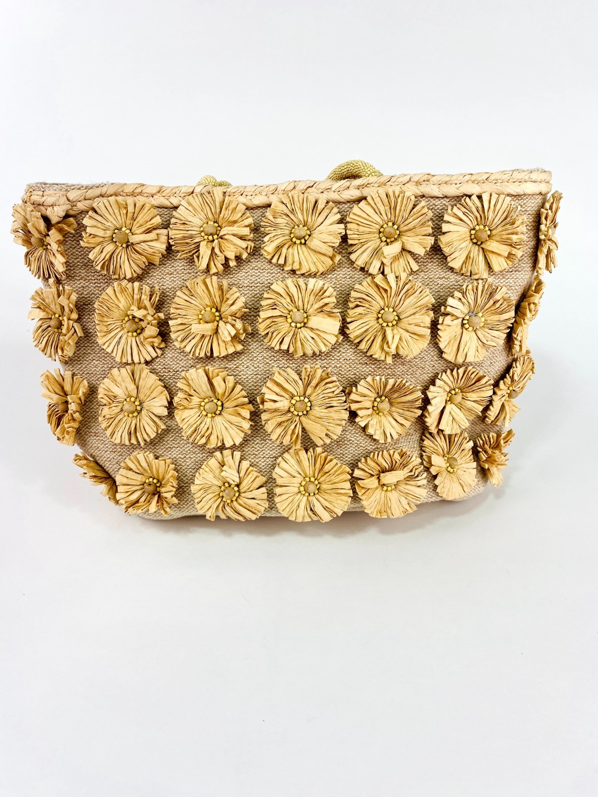 Handcrafted in India Raffia Straw Flower Tote Bag Beaded Handle Beach Boho