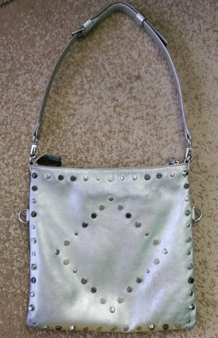 Titov Studded Silver Leather Crossbody Clutch Bag Purse, Custom made, 11 × 11 in