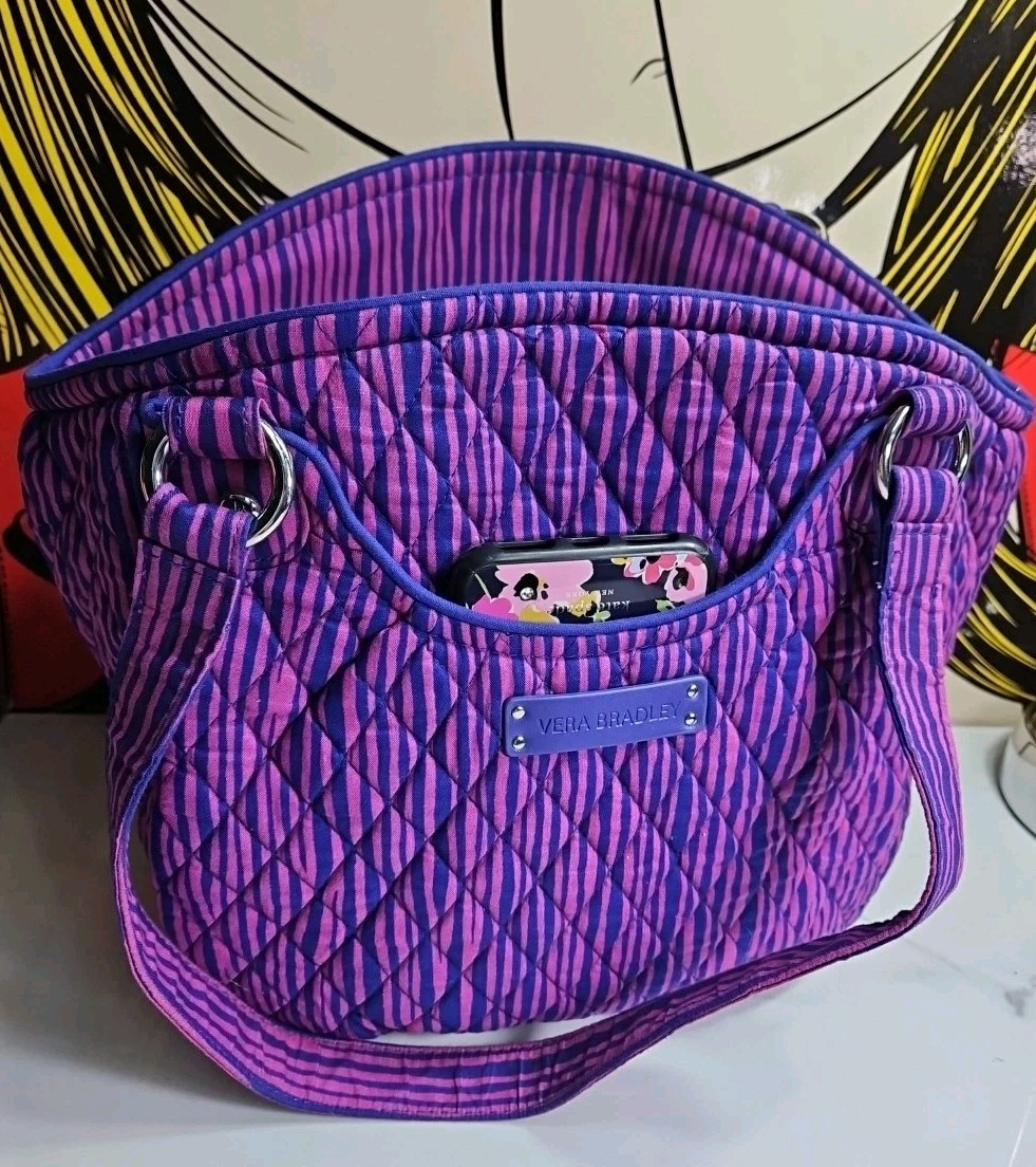 Vera Bradley Trapeze Impressionista Stripe Purple Tote Bag 15x12x4.5