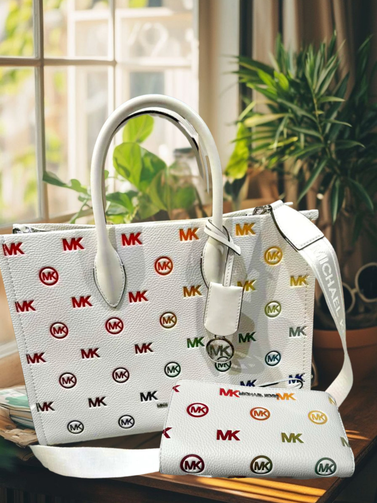 Michael Kors Mirella Women Medium Handbag Purse Shoulder Tote Bag + Wallet White