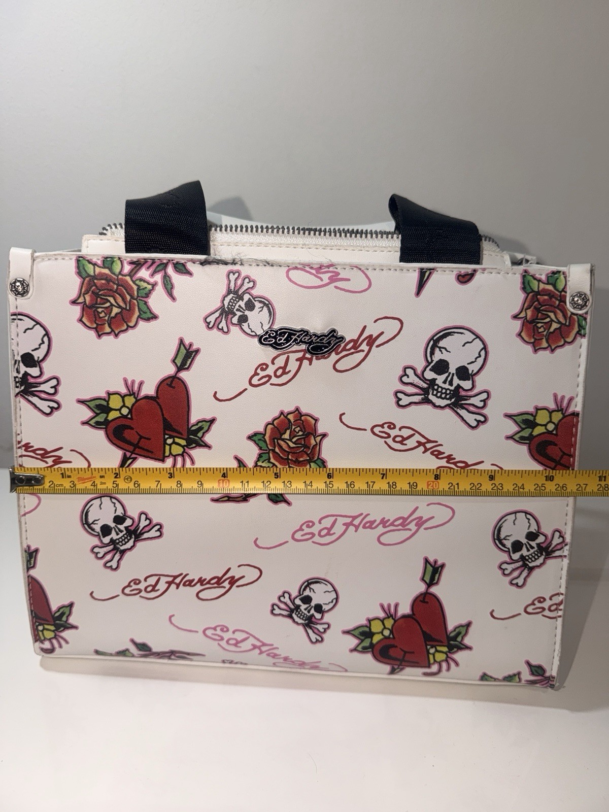 Ed Hardy White Skull Rose Logo Print Satchel Top Handle Crossbody Zip Bag