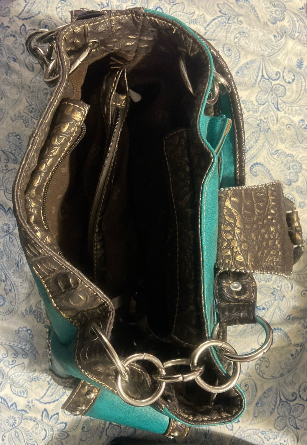 Montana West Turquoise Brown Western Shoulder Bag, Studded Rhinestone Buckle
