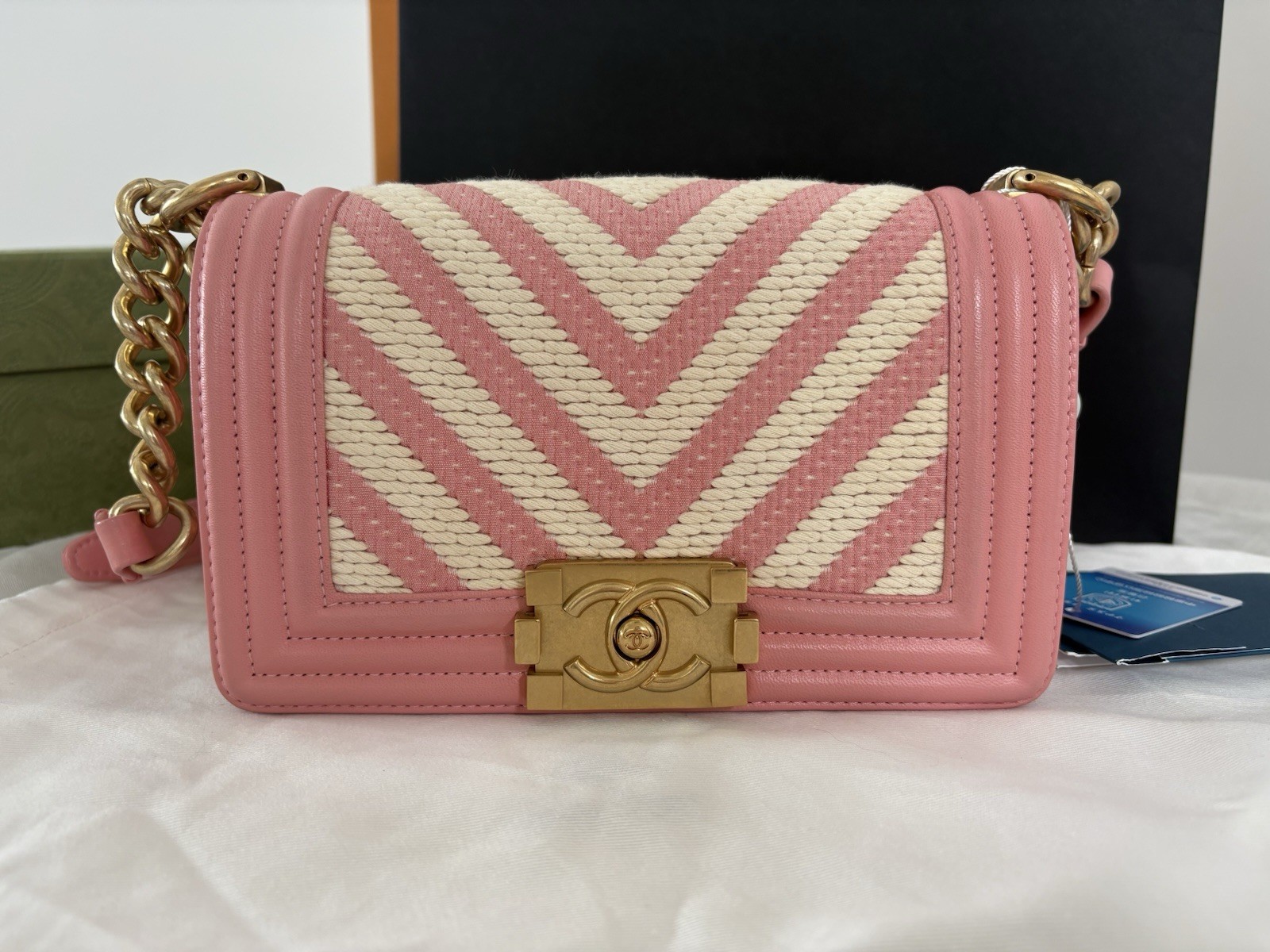 Chanel Small Le Boy Pink and White Chevron