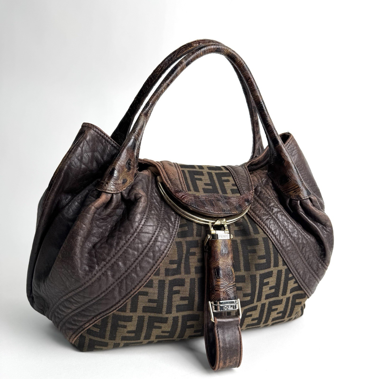 FENDI Spy Zucca Shoulder Bag HandBag Canvas Leather Dark Brown Auth Y2K e126