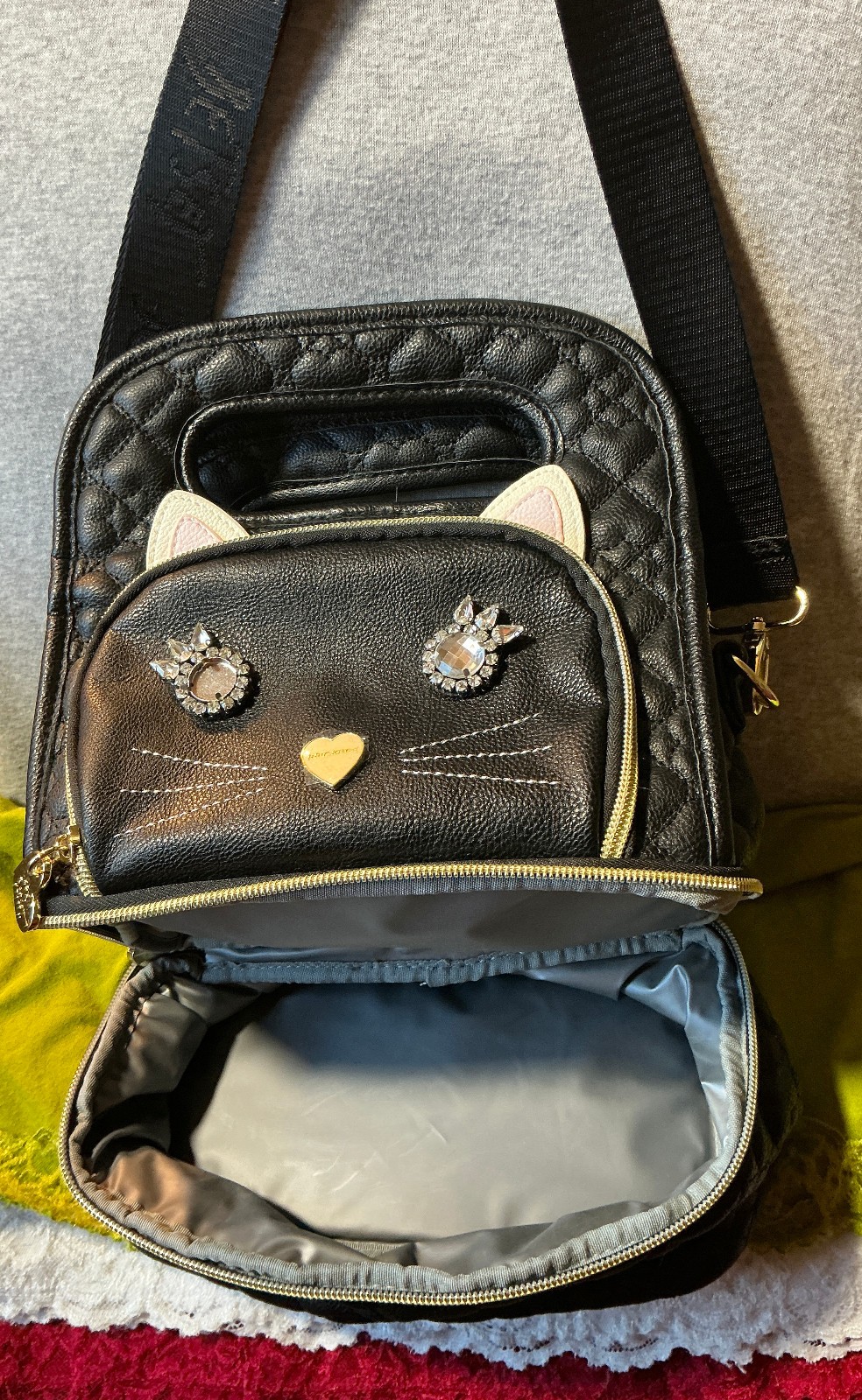 Bestey Johnson Black Cat Quilted Faux Leather Zip Shoulder Bag Lunch Box