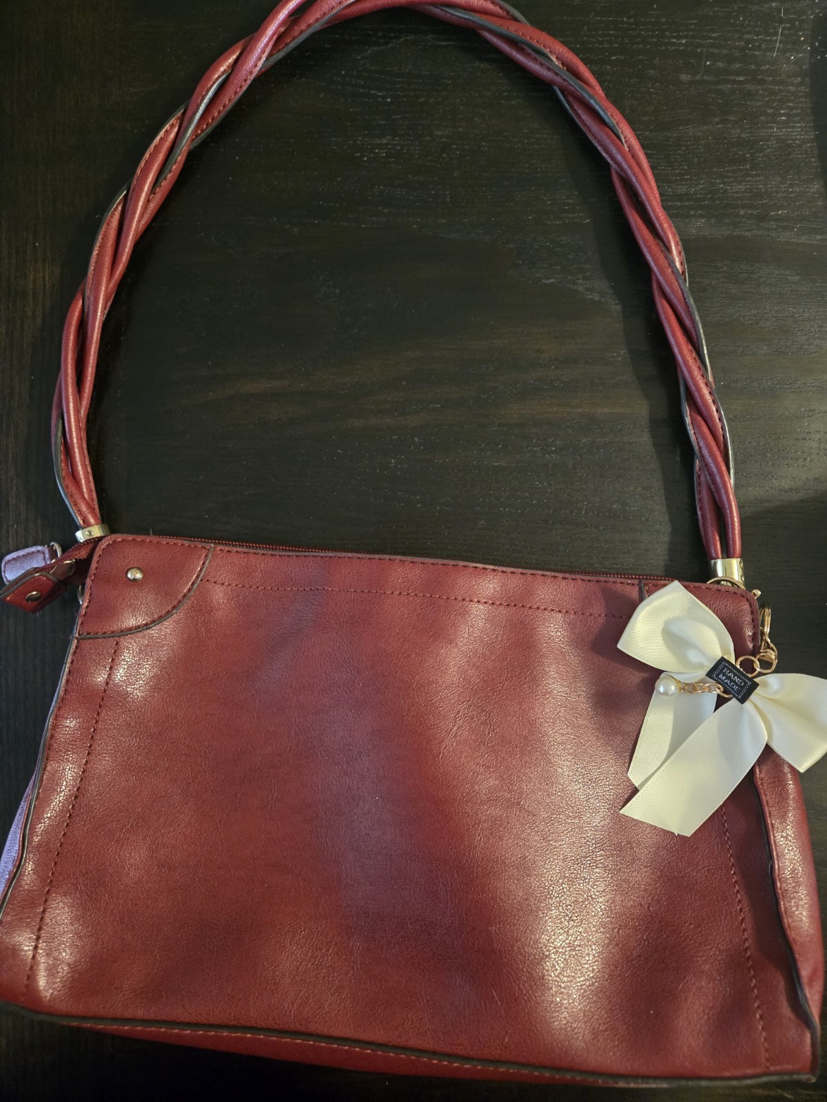 Handmade burgundy/red leather purse with white bow