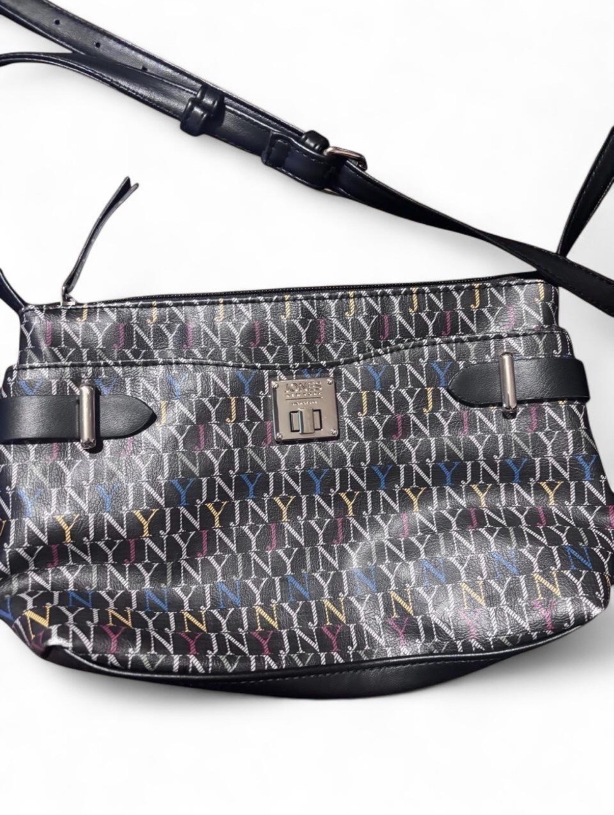 Jones New York JNY Logo Print Crossbody Bag Zip Top, Detachable Strap, Gold