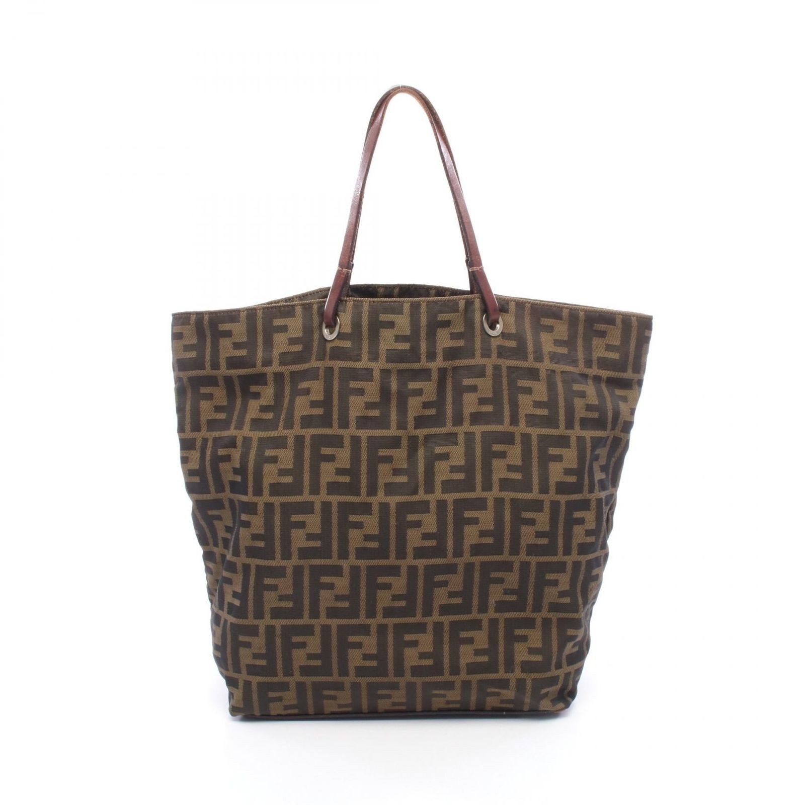 Authentic Fendi Brown Nylon Leather Zucca Tote Bag 25cm x 31.5cm Shoulder Used B