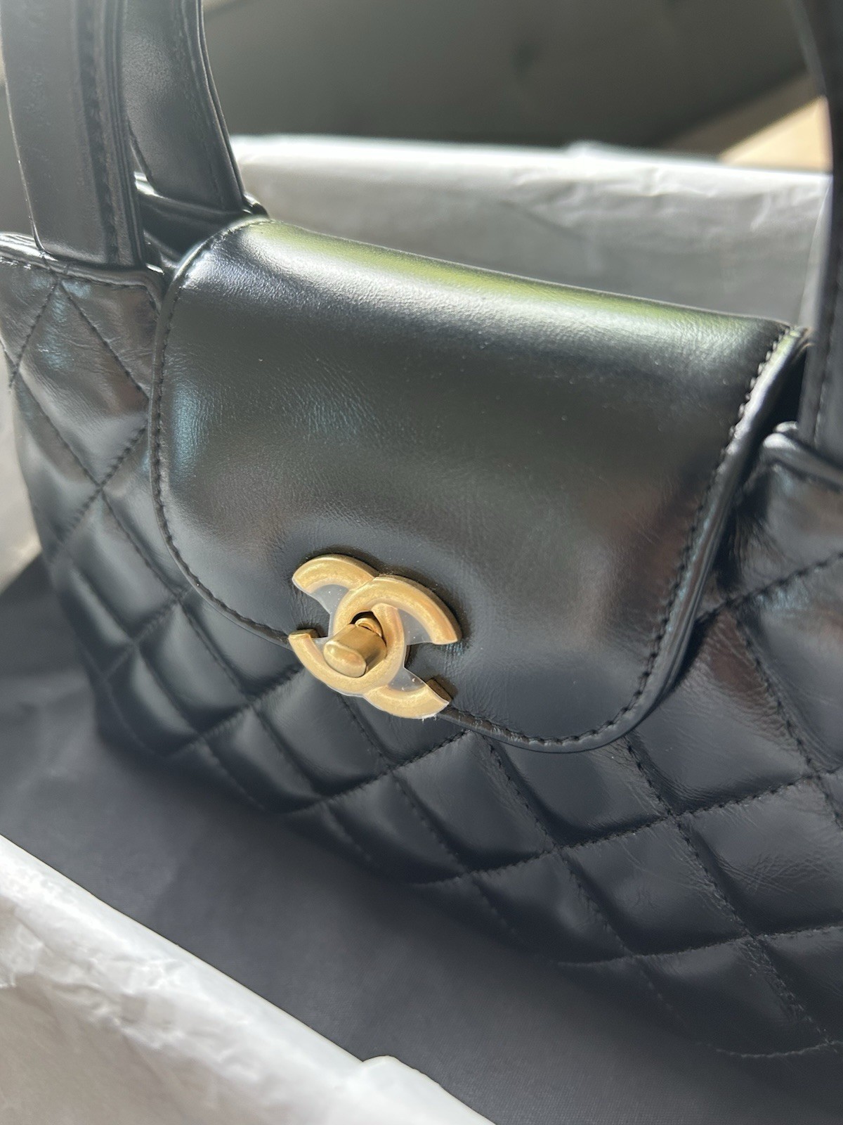 NEW Chanel Mini Kelly Top Handle Aged Calfskin Bag Black Brushed Gold Hardware