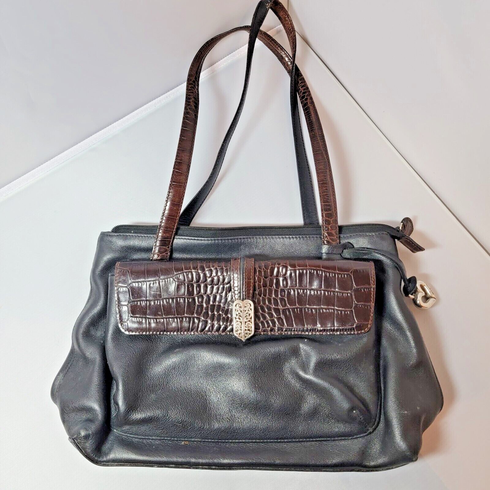 Brighton Black Brown Medium Large Leather Satchel Purse Shoulder Bag Heart Charm