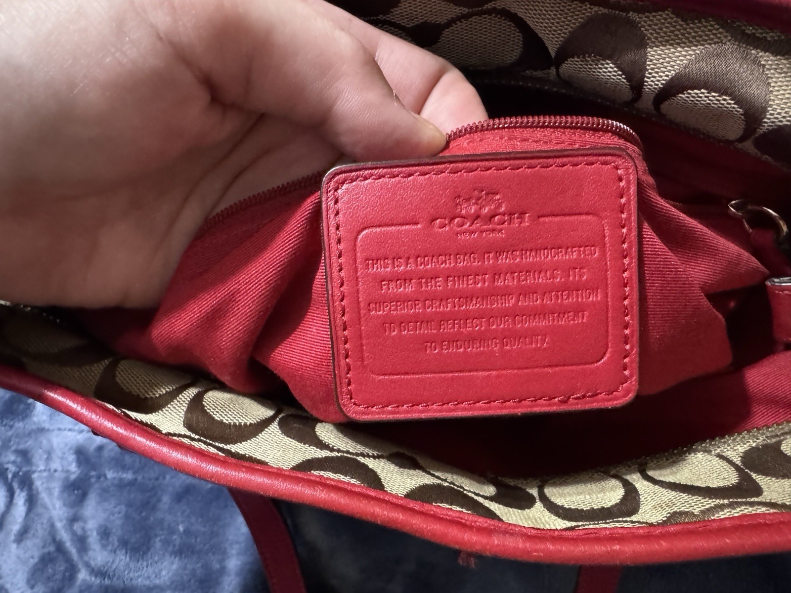 Coach Signature Canvas Tote Bag Red Leather Trim Shoulder Purse Hangtag EUC