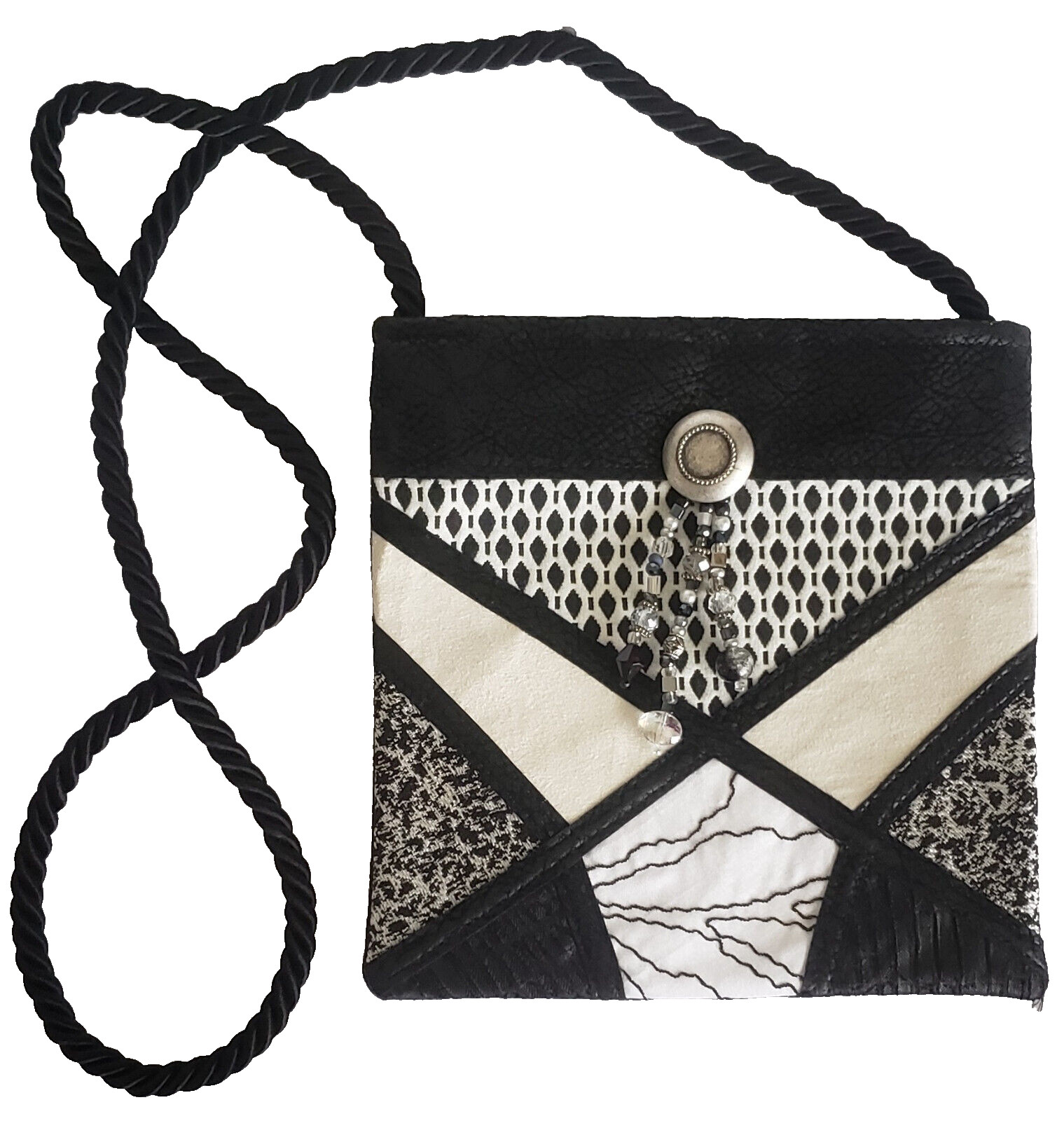 Black Suede and Cloth Beaded Crossbody Purse Pouch Bag 7 1/4″ x 7”