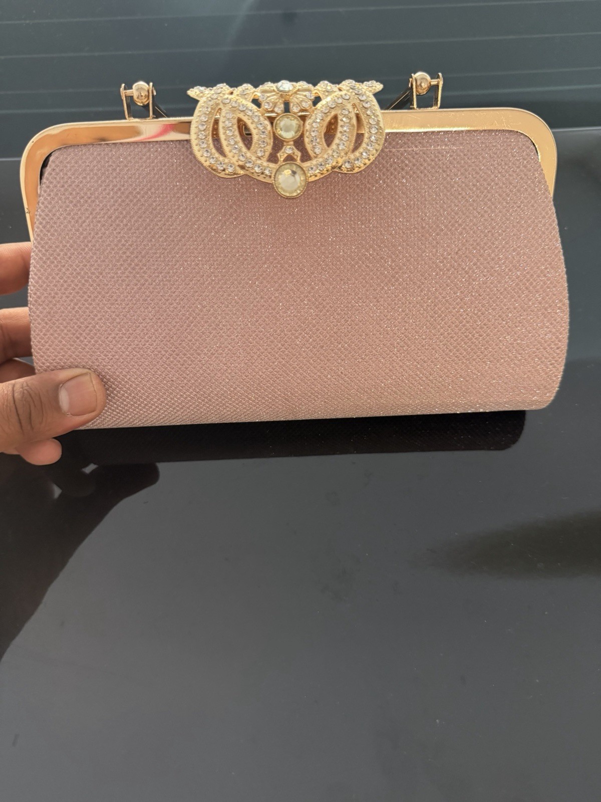 Pink Solid Clutch Evening Bag Gold Top Handle Rhinestone Clasp Formal Party