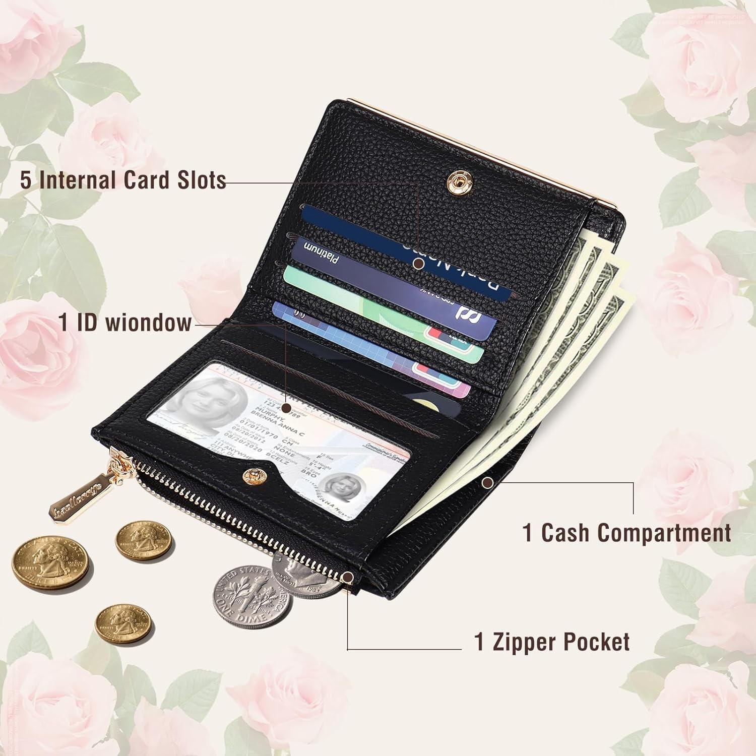 Bifold Embroidery Coin Zipper Pocket Wallet RFID Blocking Soft PU Leather