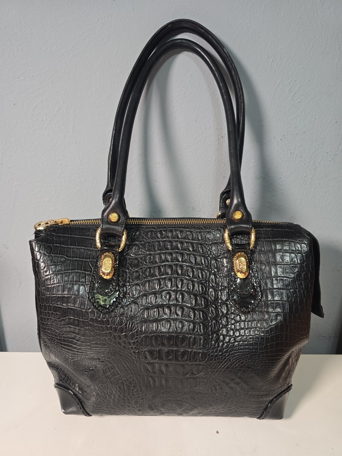 MARINO ORLANDI Crocodile Embossed Leather Zip Satchel 18kt Plate Hardware Italy