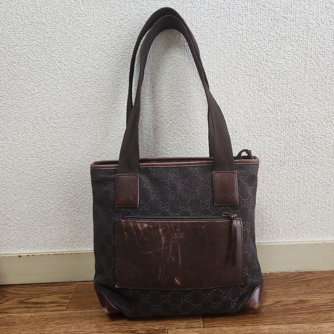 GUCCI Canvas Leather Tote Bag Dark brown Women Auth 9.44 x 11.81 x 4.33inch