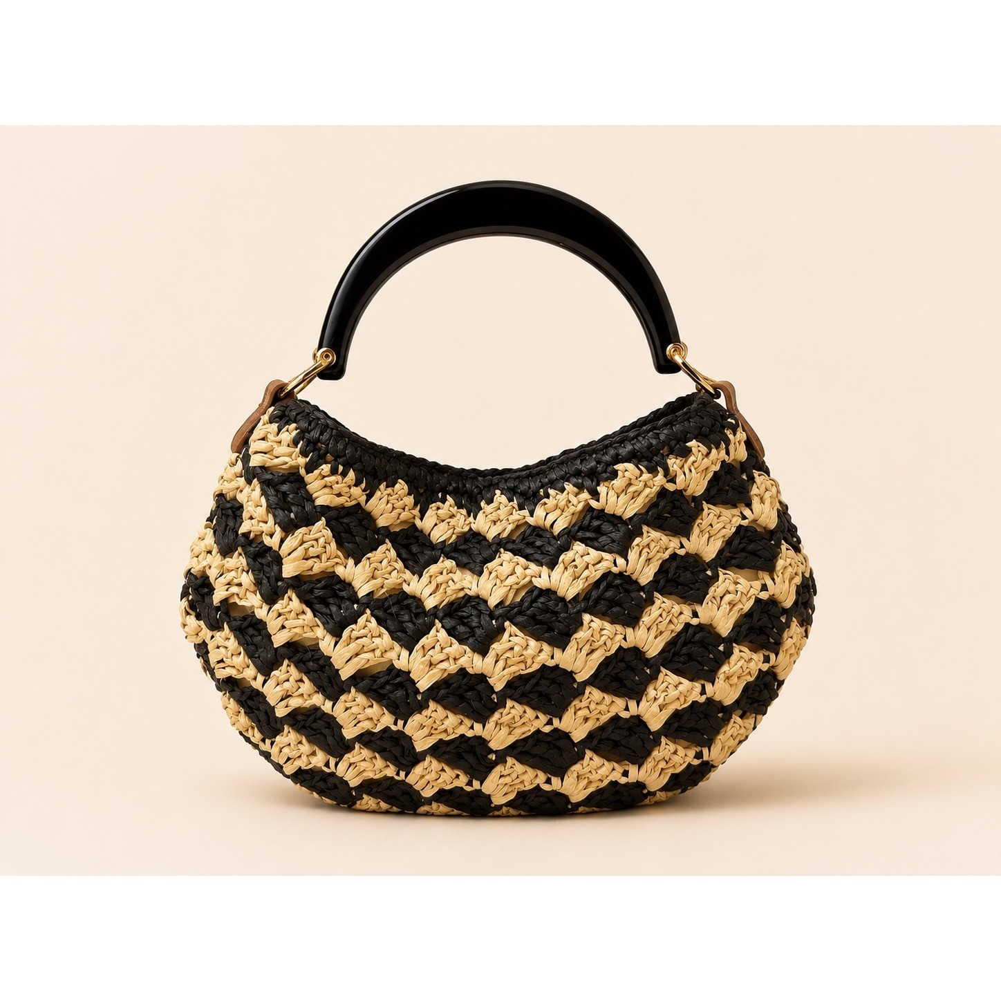 A New Day Woven Straw Checkered Hobo Handbag Black Cream Resin Handle