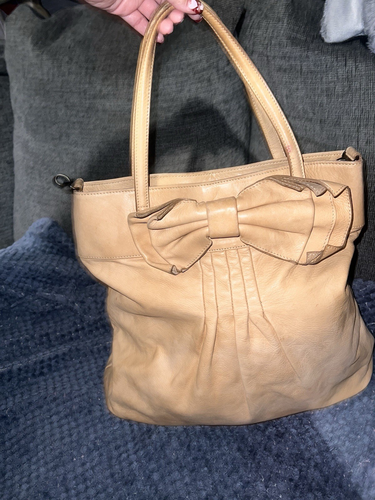 RED Valentino Beige Nude Leather Oversized Bow Pleated Shoulder Tote Bag