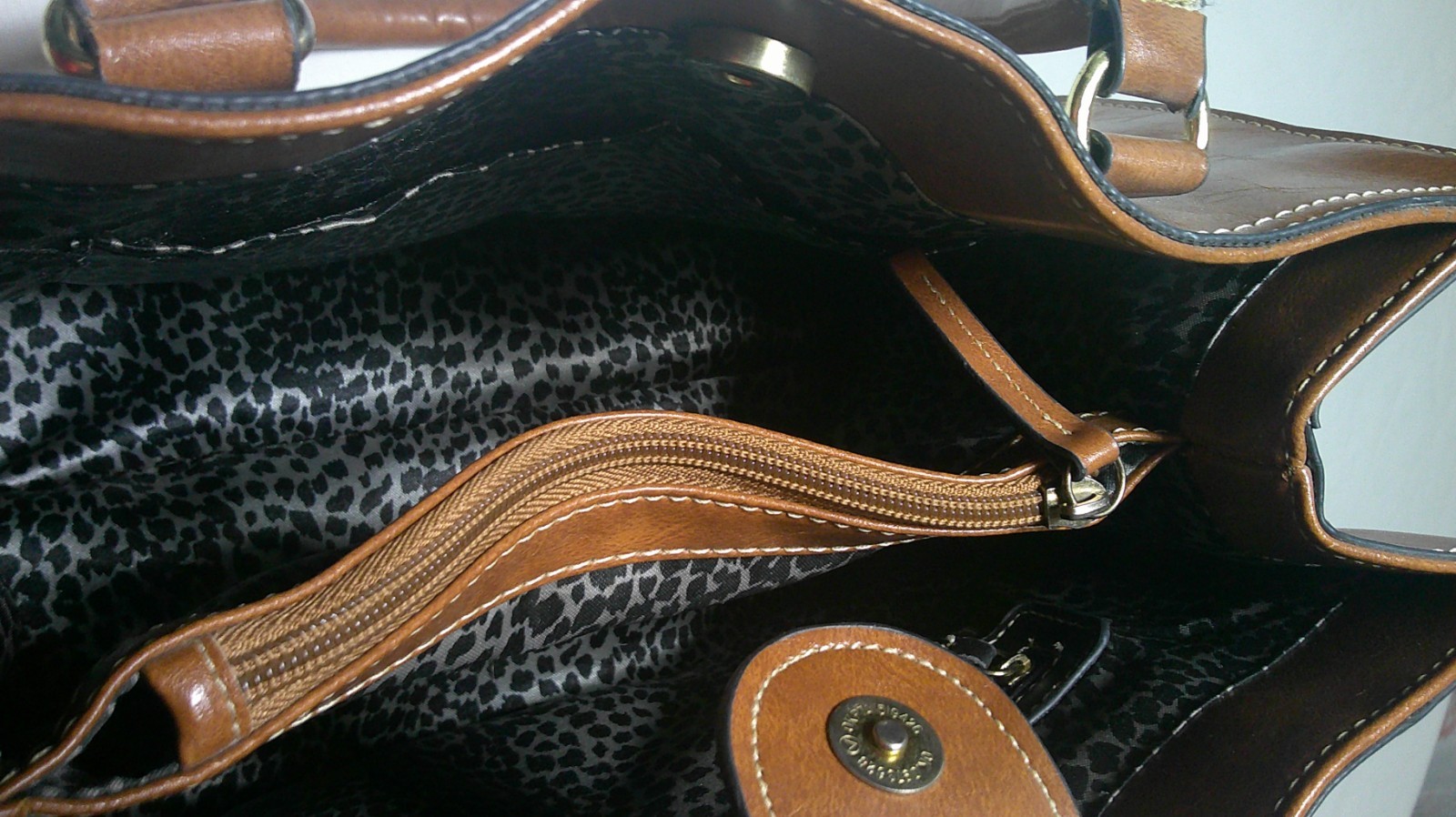 Designer Handbag Brown Faux Leather Leopard Material Lining Brass Hardware
