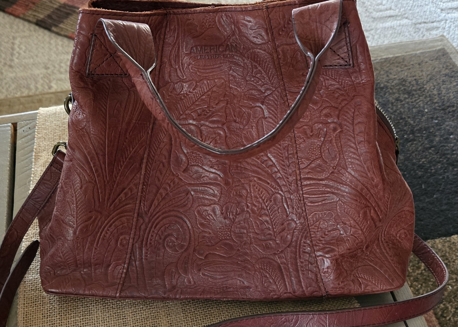 American Leather Bucket Slouchy Floral Design Burgandy Smoke Free Home