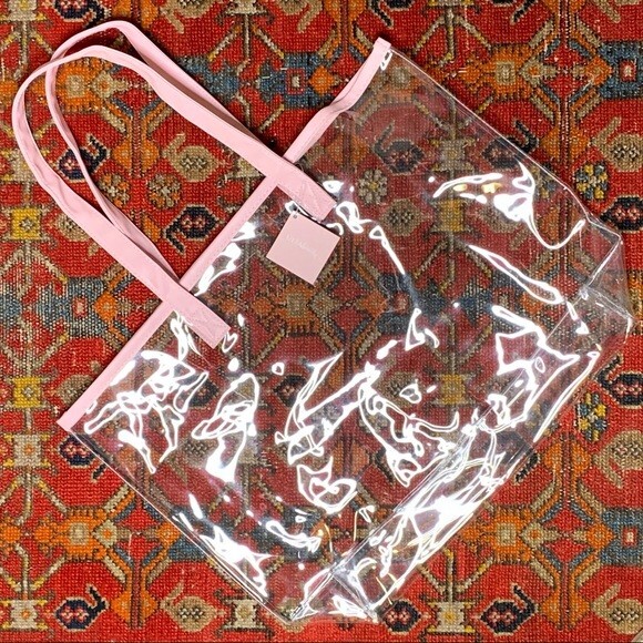 Ulta Beauty women’s pink green transparent tote bag with palm printed pouch NWT