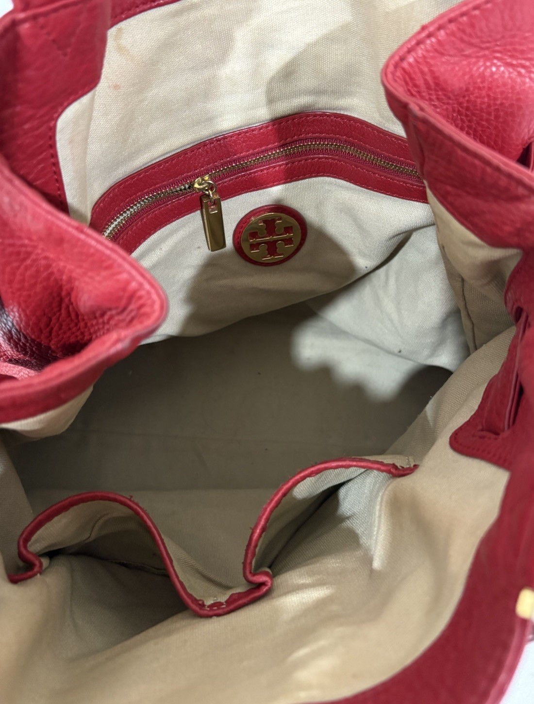 Tory Burch Amanda Red Pebbled Leather Shoulder Bag Tote Gold Tone Hardware