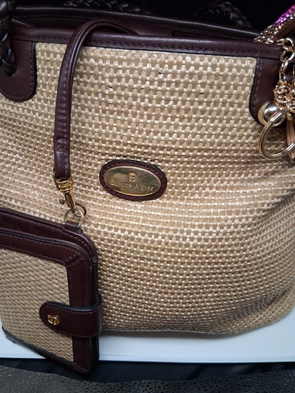 etienne aigner leather and straw shoulder handbag