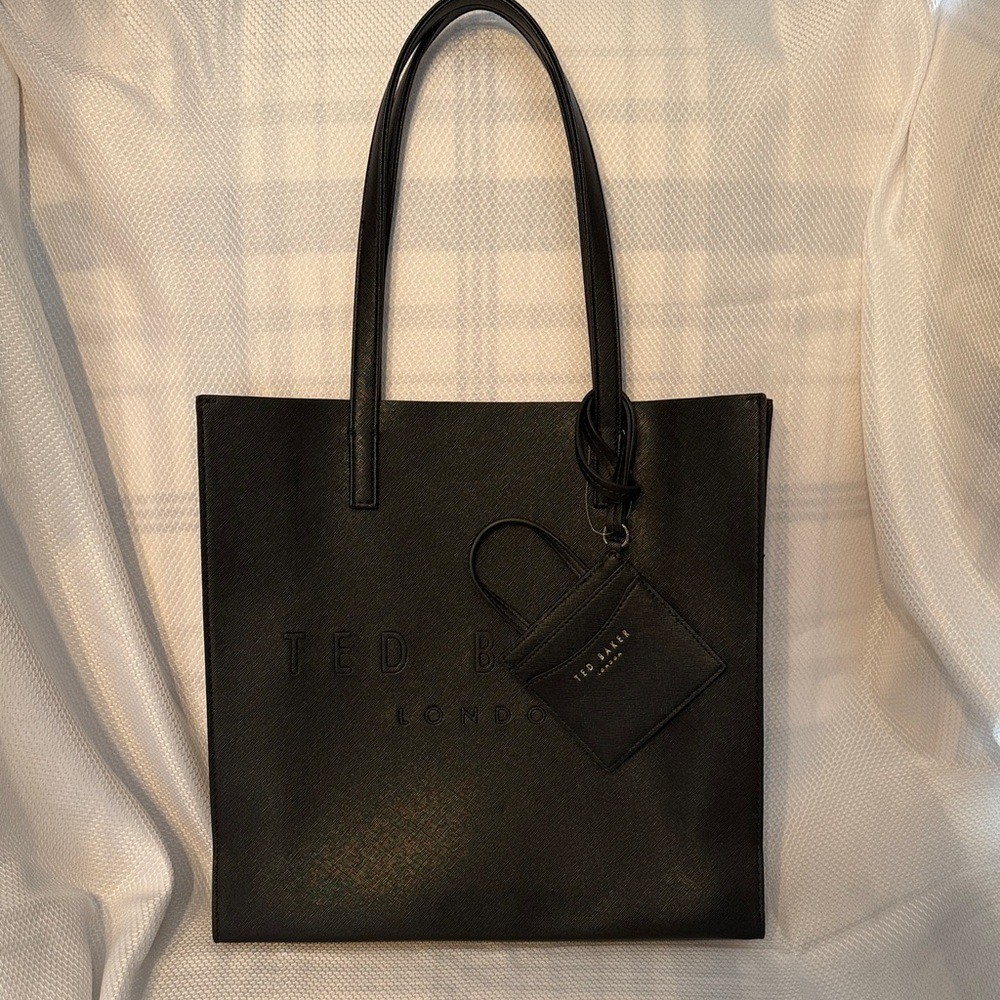 Ted Baker London Black Saffiano Icon Tote Bag with Floral Mini Bag Charm NEW