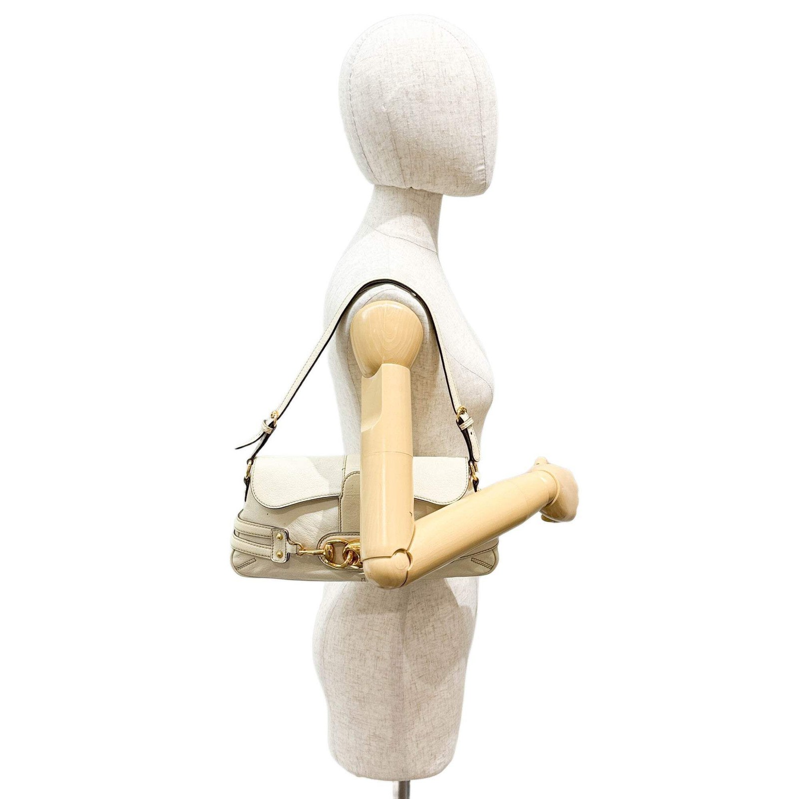GUCCI Horsebit Off White Leather Shoulder Bag