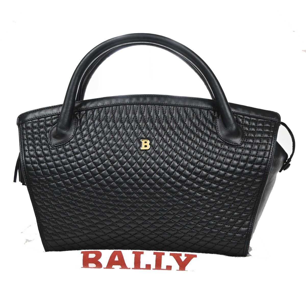 BALLY Logo Tassel Hand Bag Quilted Leather Black GHW Italy 09MA542