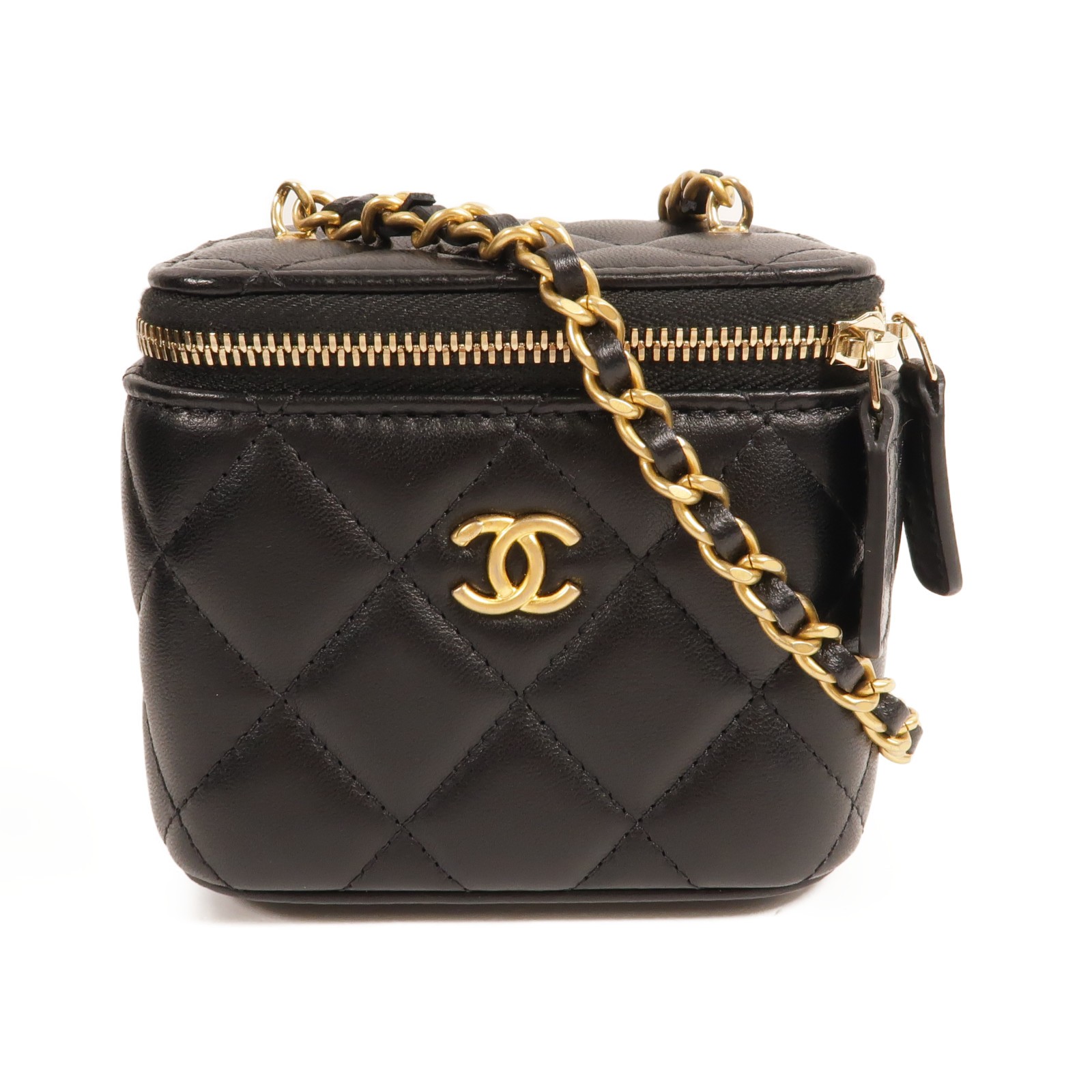 CHANEL CC GHW Mini Vanity Case With Gold Ball Shoulder Bag Lambskin Leather