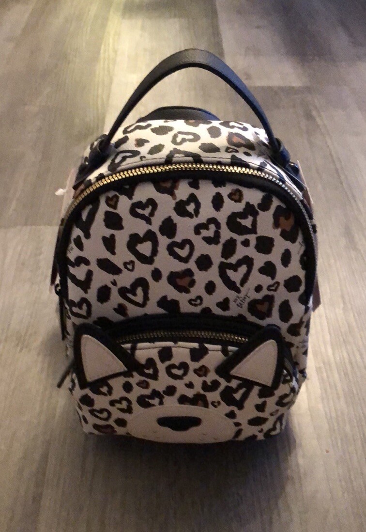 Betsey Johnson Black & White Multi Leopard Heart Print Dog Kitsch Backpack NWT