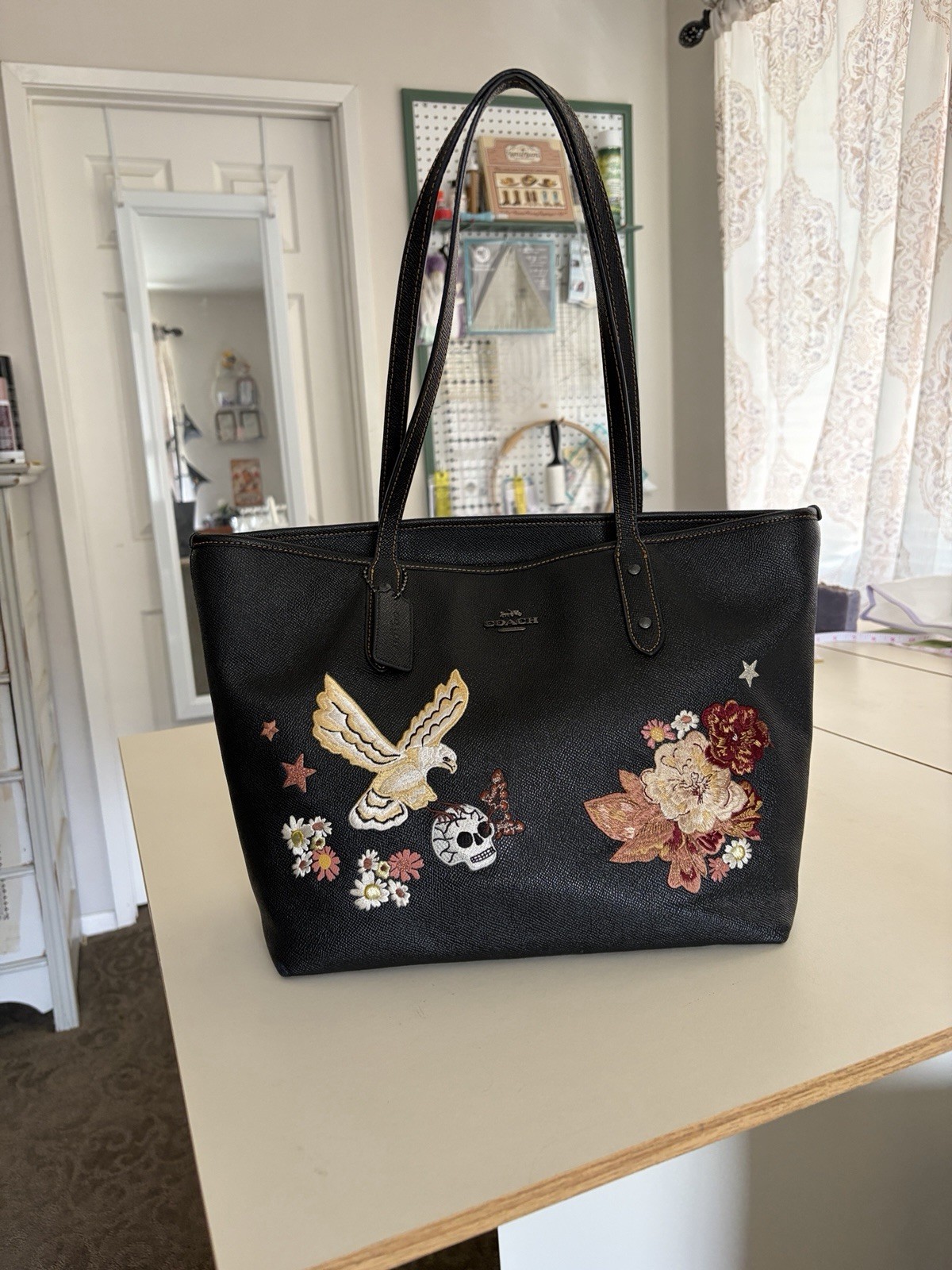Coach Large Leather Tote Bag Black Shoulder Bag With Skull And Eagle Embroidery