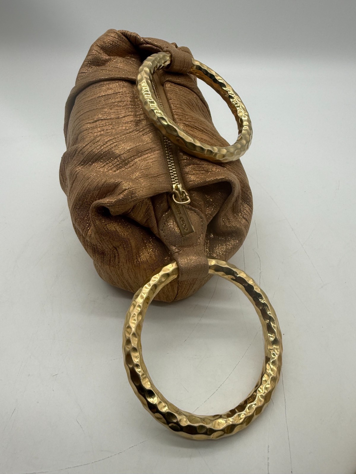 Authentic Jimmy Choo Metallic Bronze Gold Evening Clutch Bag Hammered Ring