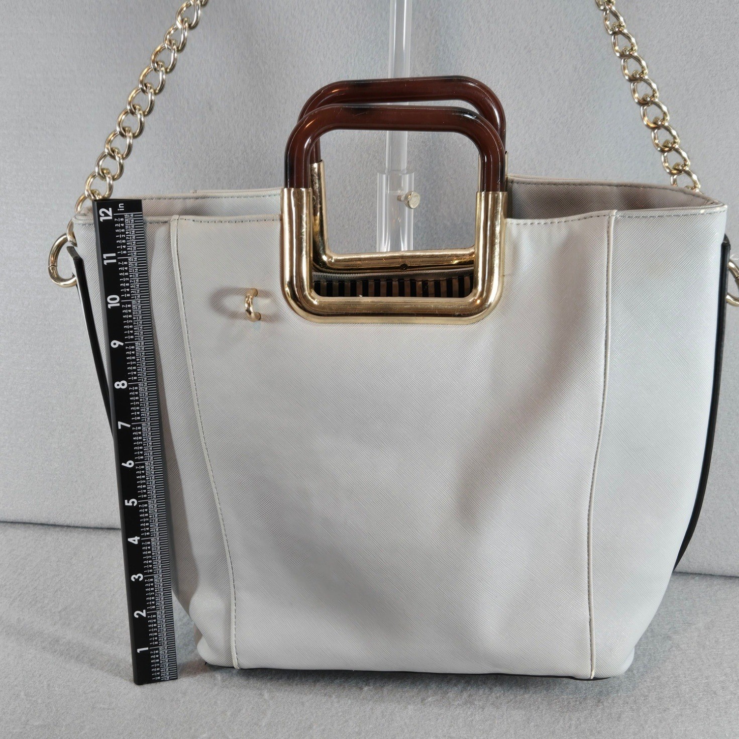 Stylish Light Blue Tote Bag with Gold Chain and Tortoise Handles