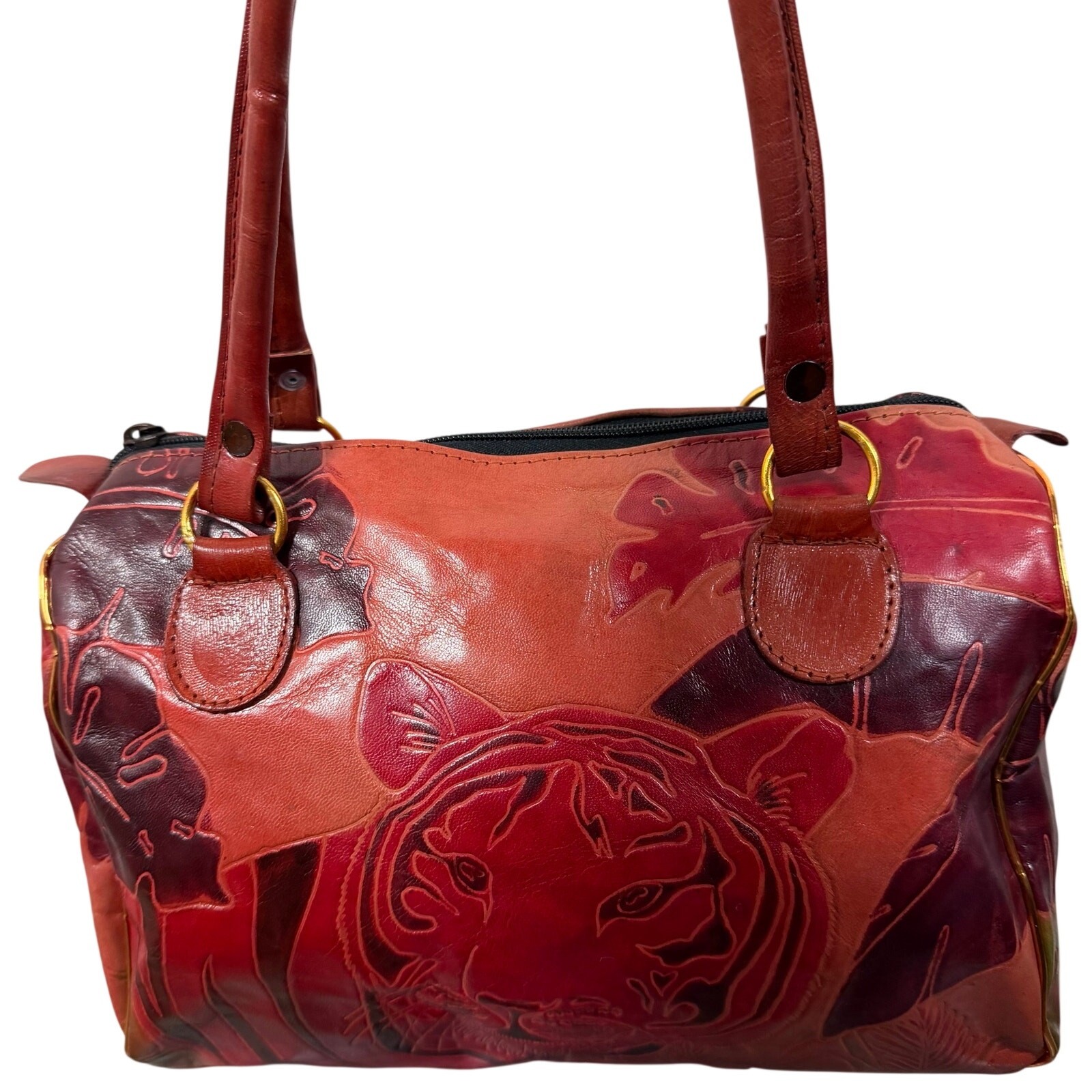 Genuine Leather Tiger Satchel Handbag Red Hand Tooled Artisan Made in India