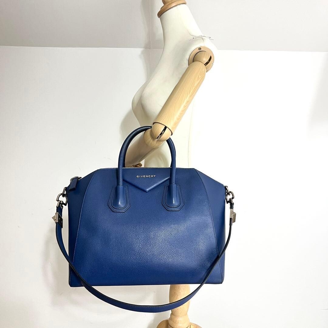 GIVENCHY Antigona Blue Leather 2Way Shoulder Handbag Large Auth
