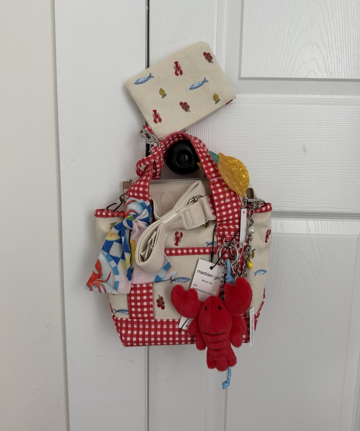 Madden Girl Red Gingham Lobster Embroidered Zip Small Tote Bag Charm Strap