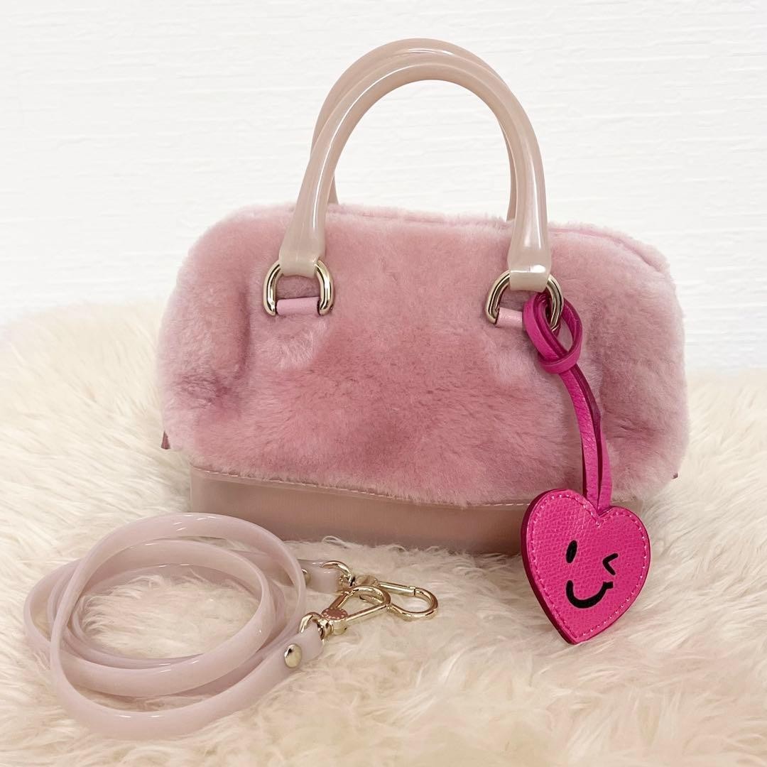 Authentic Rare FURLA Faux Fur Mini Boston Shoulder Handbag Pink