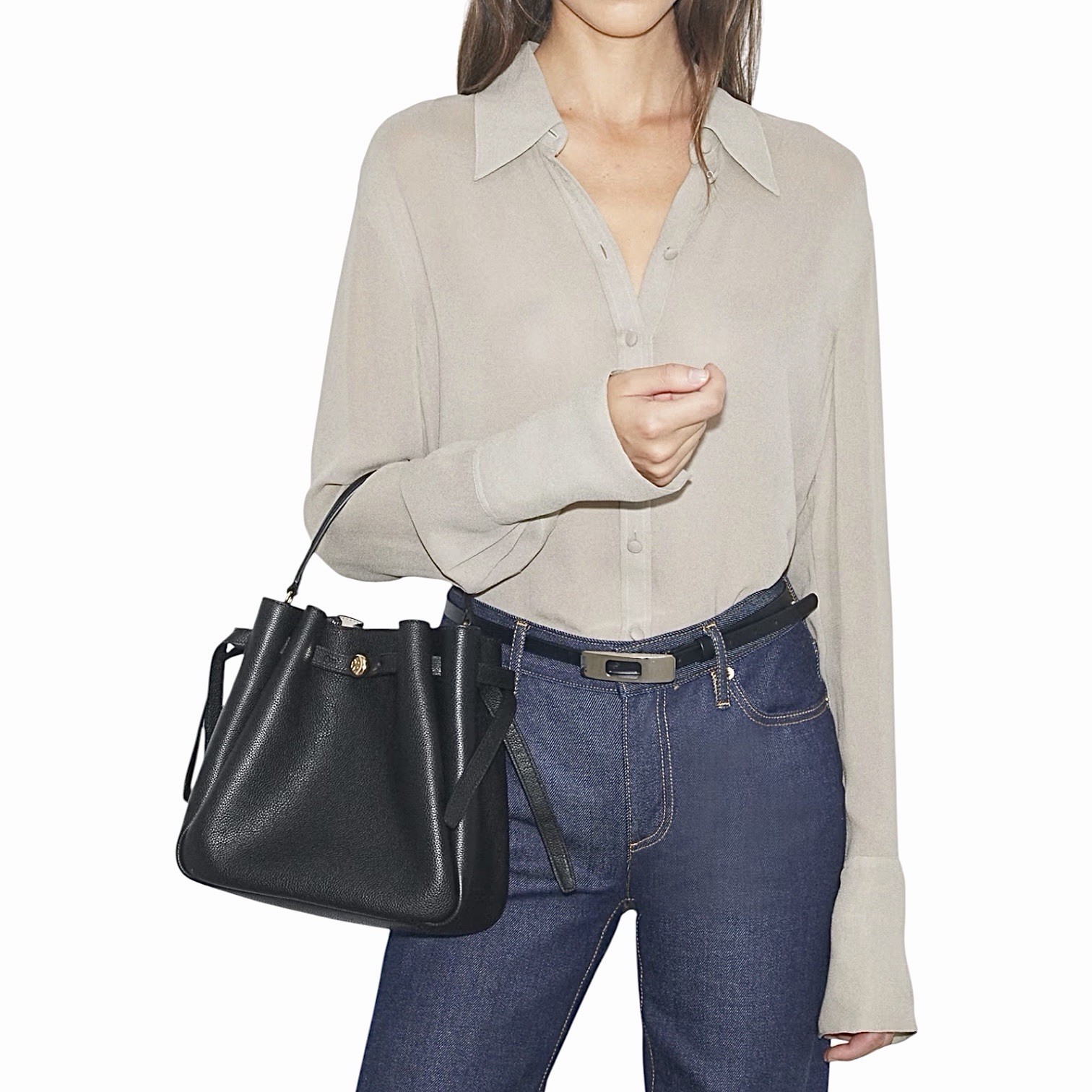 Tory Burch Romy Bucket Bag Black Pebble Leather Women *long strap missing*