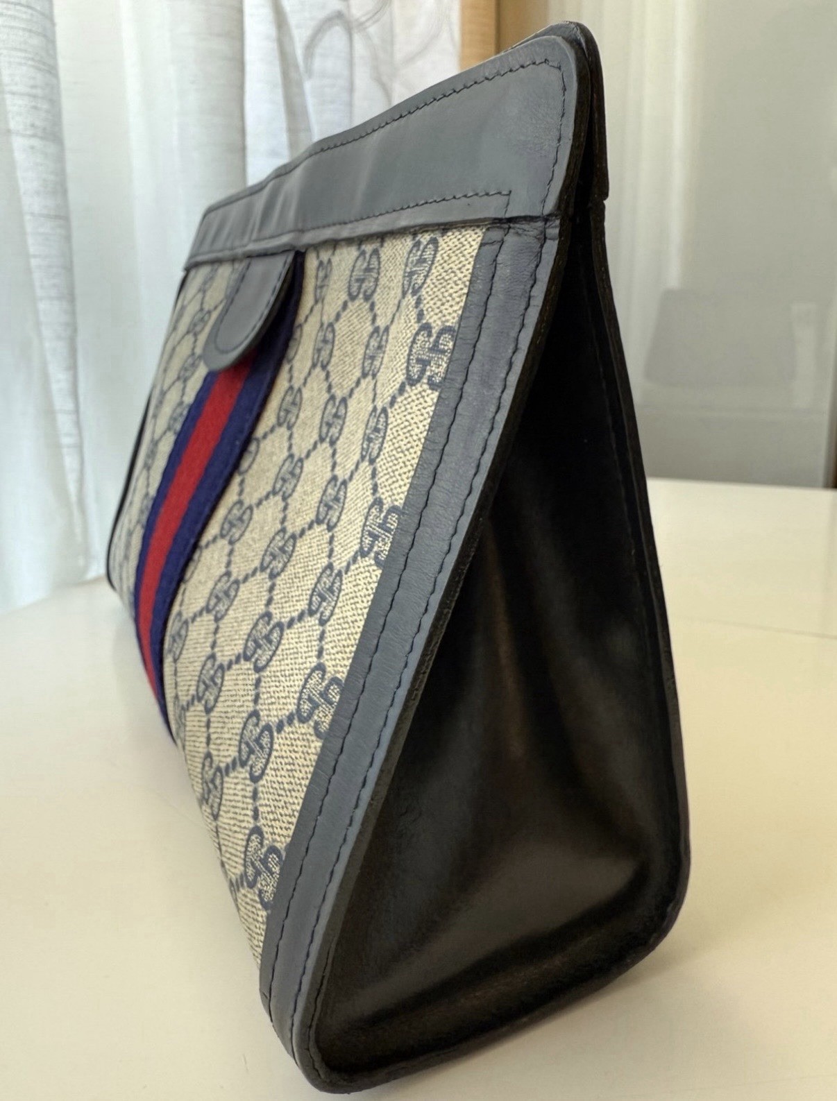 GUCCI GG Monogram Navy Leather Vintage Web Sherry Line Clutch Bag