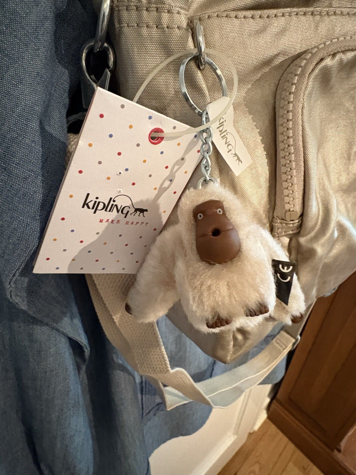 New Kipling Cyrene Crossbody/Shoulder Bag Metallic Gold/Tan Monkey Charm NWT
