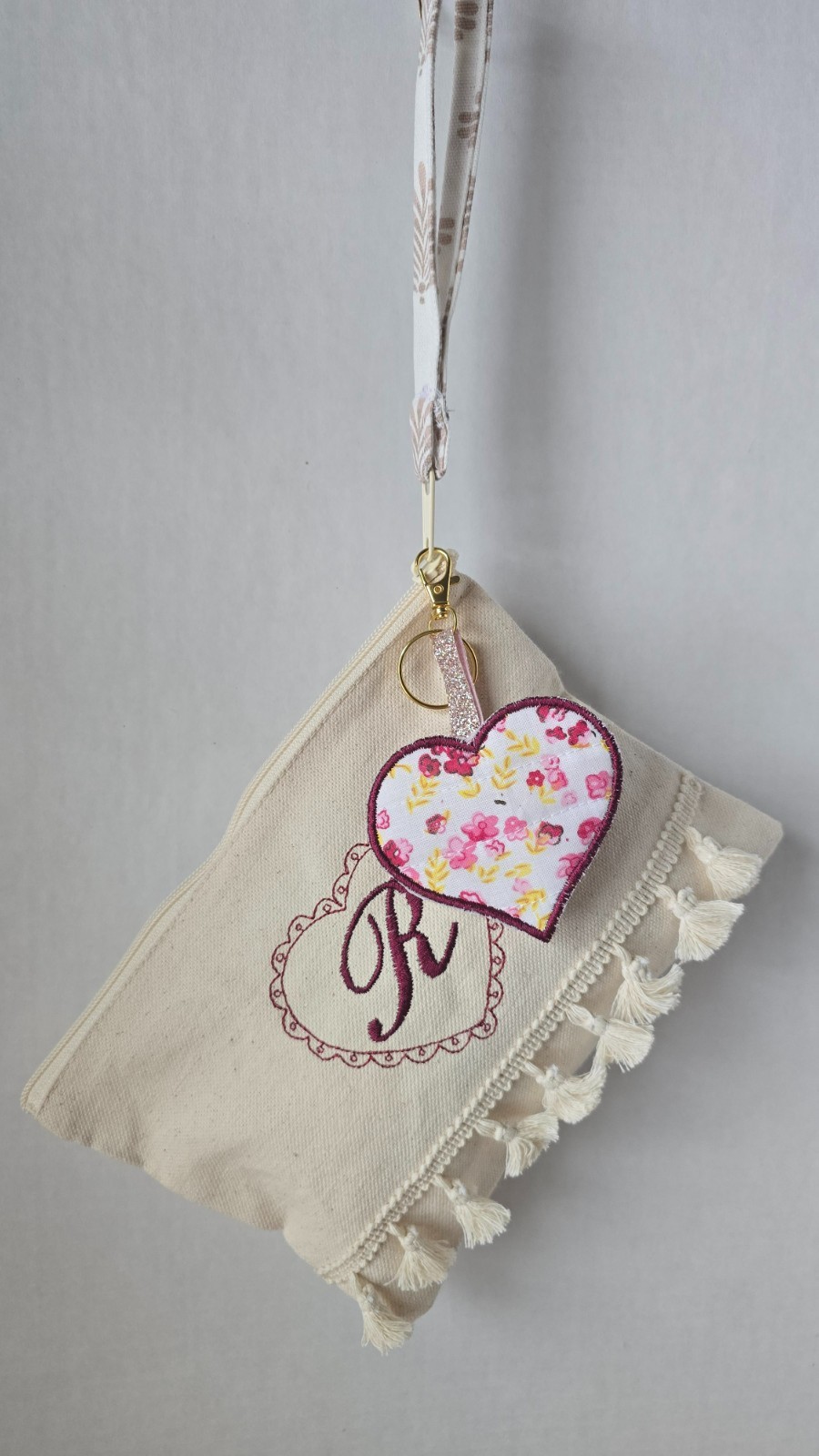Canva Wristlet Monogram Initial, Heart Machine Embroidered Handmade