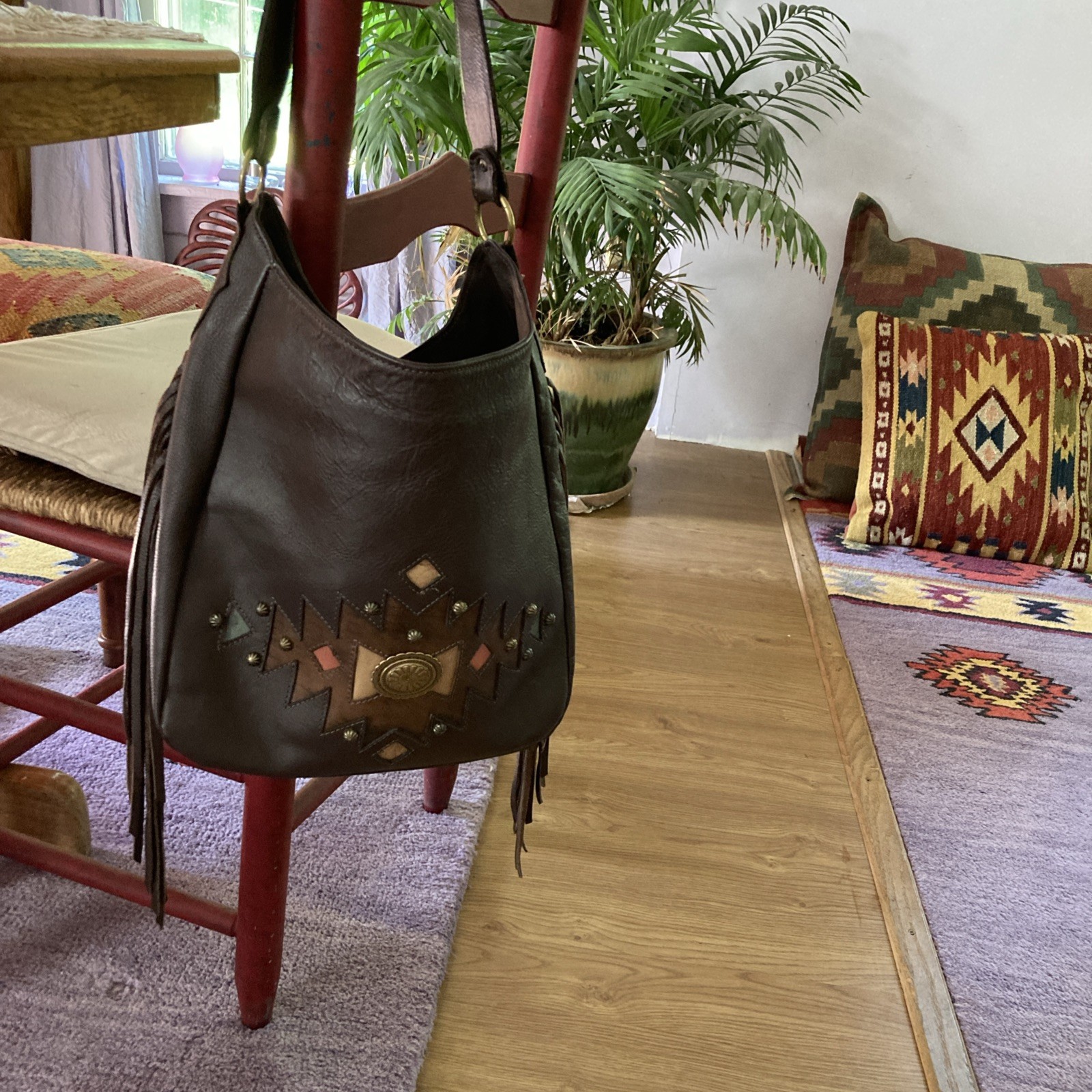 American West Dream Catcher Slouch Shoulder Bag Brown Leather Equestrian Style