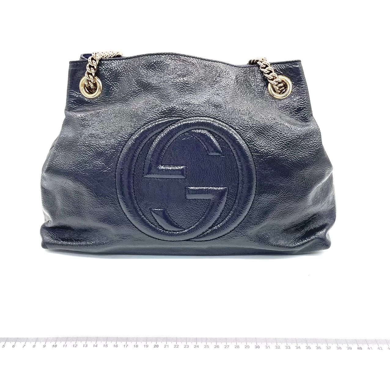 Gucci Medium Soho Chain Shoulder Bag Dark Blue Patent Leather Gold Hardware