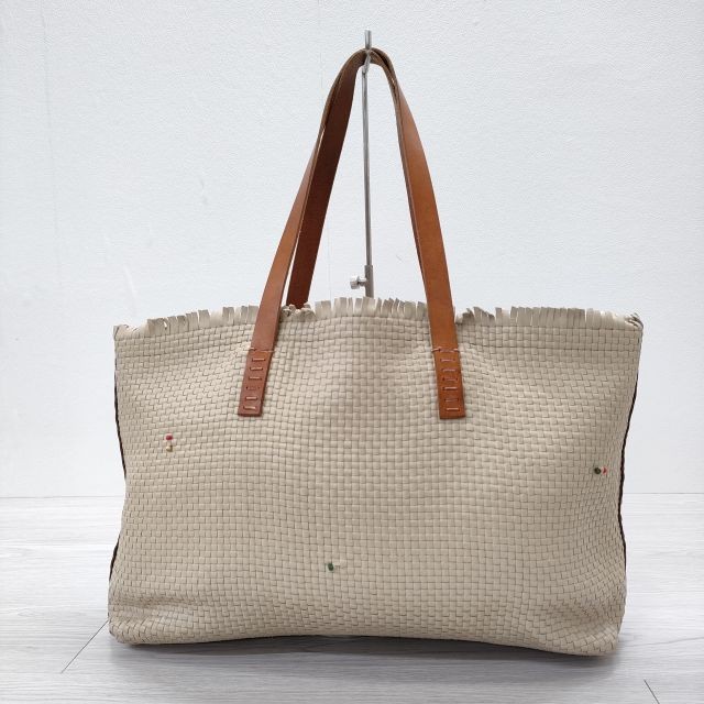 HENRY CUIR Beige Leather Tote Bag Women’s Braided Mesh Beads Used Authentic