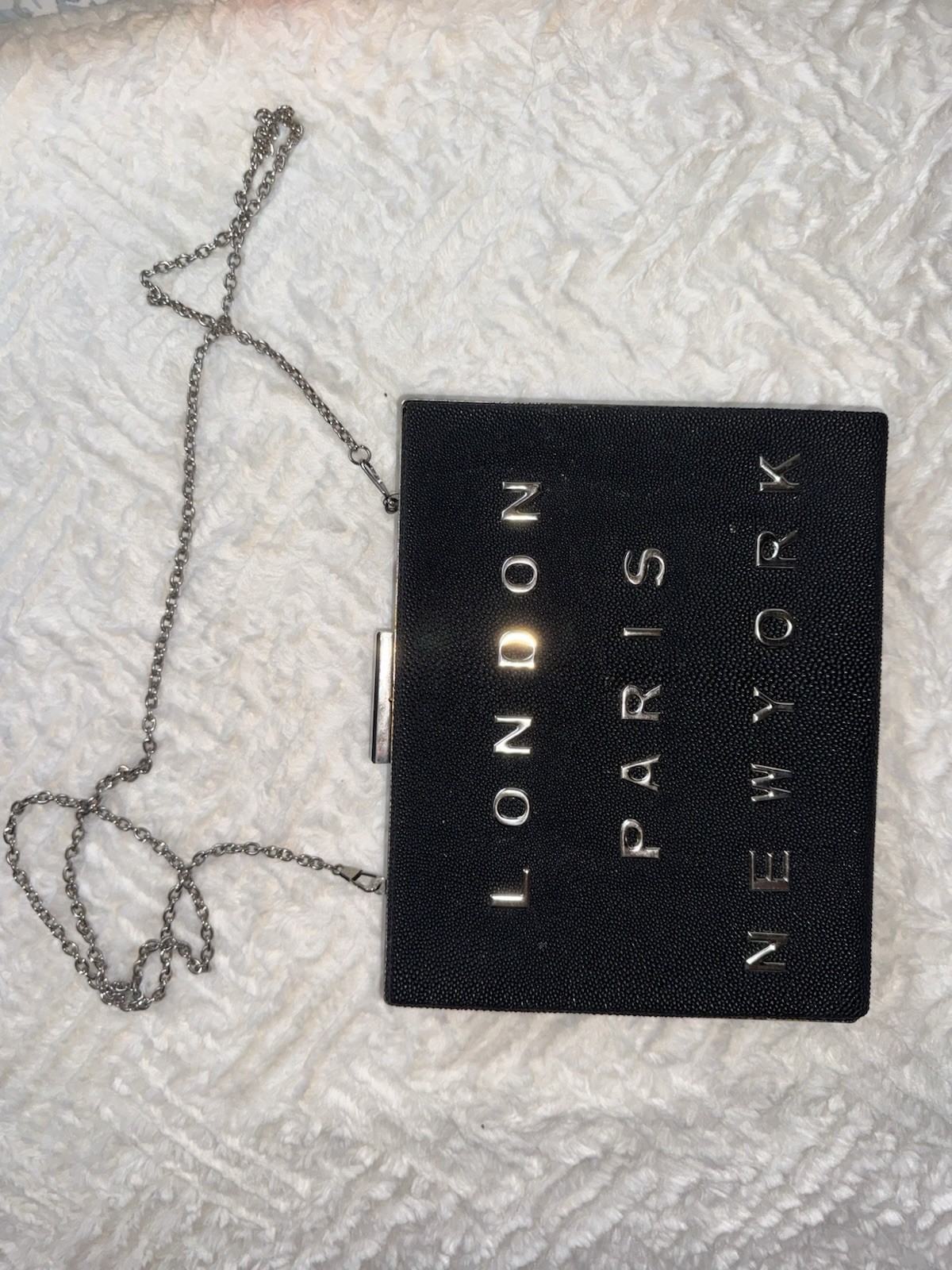 Embossed Black Clutch/Shoulder Bag with City Name Detail